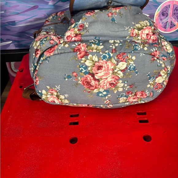 Floral Canvas Backpack / Diaper bag with Brown Trim - Picture 9 of 13